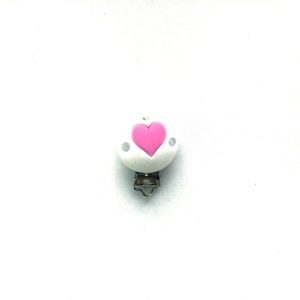 силиконовая круглая клипса 35 мм белая с розовым сердцем